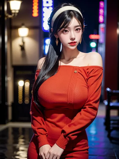 dimly lit, dark night,(night:1.5), 1girl, (ulzzang-6500-v1.1:1), kpop idol, (full shot:1.4), 8k, best quality,(photorealistic:1.5), (huge breasts:1.5), detailed face, face focus, (looking at viewer:1.25), shiny skin, (blurry background:1.4), makeup, dark b...