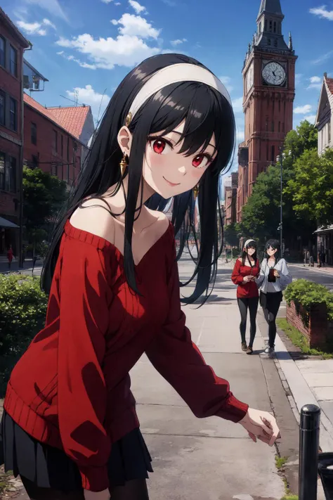 <lora:yor_forger_v1:0.8>, bbyorf, white hairband, long black hair, red eyes, gold earring, jewelry, off shoulder, red sweater, sweater dress, long sleeves, black pantyhose, smile, 
absurdres, highres, (official art, beautiful and aesthetic:1.2), ultra deta...