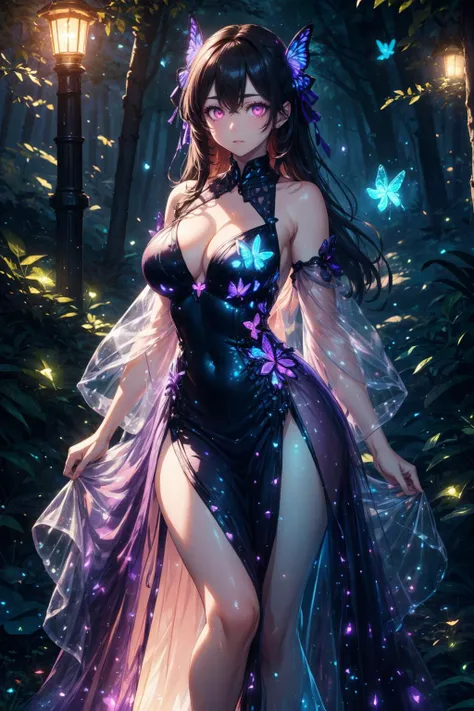 1girl,
(large breasts),butterfly dress,
big hair ribbon,
(very long:1.5) dark hair,
purple glowing eyes,
Smiling,
night,luminescent,forest,fireflies,butterflies,magic,fantasy,purple light, <lora:more_details:0.5>, <lora:butterfly_dress-1.0:0.5> <lora:biolu...