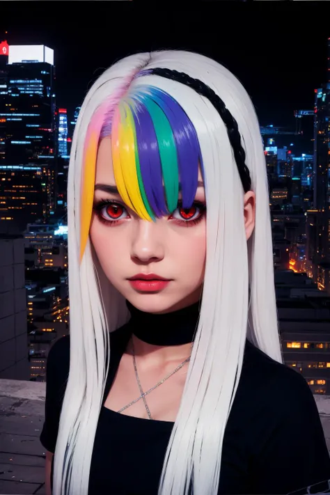 masterpiece, best quality, realistic, 1girl, Roxy_Citron_OC,  1girl, solo, red eyes, white hair, rainbow hair, long hair, streaked hair, hair between eyes, night, cityscape, neon lights,  <lora:Roxy_Citron_OC_AnyLora:.75>