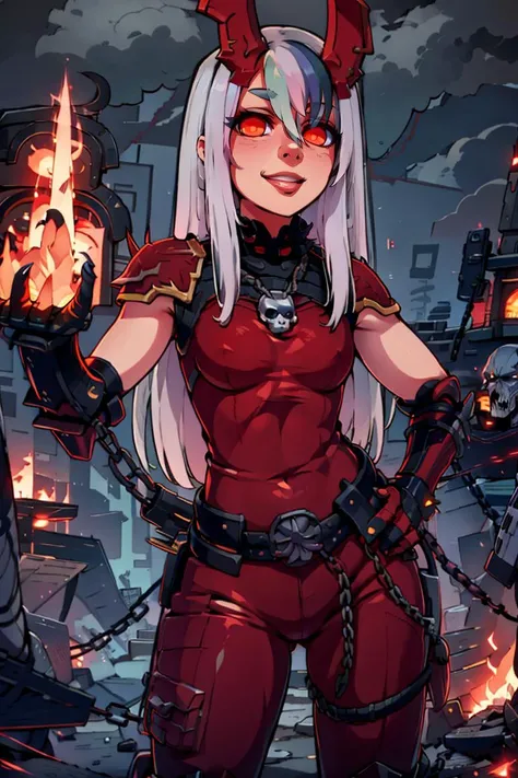 Khornes daughter, 
((masterpiece,best quality)),
<lora:Khorne_World:0.9>,
Khorne_World, (skulls),( red armor, chain, spikes, shoulder armor, gauntlets, glowing eyes, pauldrons, full armor, demon, horns:1.1), 
<lora:Roxy_Citron_OC_AnyLora:0.7>, Roxy_Citron_...