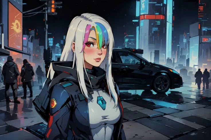 (best quality, masterpiece, high resolution:1.3), detailed painting, oil painting,absurdes,solo,young female cyborg,(leaning on  car hood:1.2),on back, flat chest,mechanical parts,Roxy_Citron_OC, red eyes, white hair, rainbow hair, long hair, streaked hair...