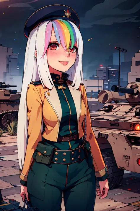 ((masterpiece,best quality)), absurdres, <lora:Roxy_Citron_OC_AnyLora:0.8>, Roxy_Citron_OC,  1girl, solo, red eyes, white hair, rainbow hair, long hair, streaked hair, hair between eyes, smile, military uniform, military, soldier, belt, green pants, beret,...