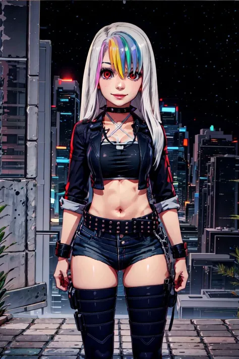 <lora:more_details:0.8> <lora:improve_backgrounds:0.85>  <lora:Roxy_Citron_OC_AnyLora:1> <lora:Cyberpunk_style:0.8> Roxy_Citron_OC,  1girl, solo, red eyes, white hair, rainbow hair, long hair, streaked hair, hair between eyes || open jacket, black jacket, ...