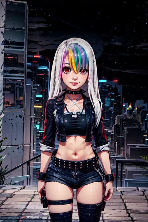 <lora:more_details:0.8> <lora:improve_backgrounds:0.85>  <lora:Roxy_Citron_OC_AnyLora:1> <lora:Cyberpunk_style:0.8> Roxy_Citron_OC,  1girl, solo, red eyes, white hair, rainbow hair, long hair, streaked hair, hair between eyes || open jacket, black jacket, ...