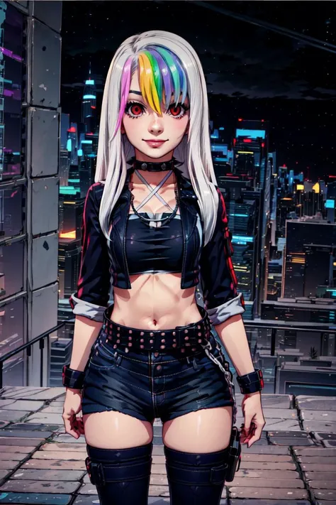 <lora:more_details:0.8> <lora:improve_backgrounds:0.85>  <lora:Roxy_Citron_OC_AnyLora:1> <lora:Cyberpunk_style:0.8> Roxy_Citron_OC,  1girl, solo, red eyes, white hair, rainbow hair, long hair, streaked hair, hair between eyes || open jacket, black jacket, ...