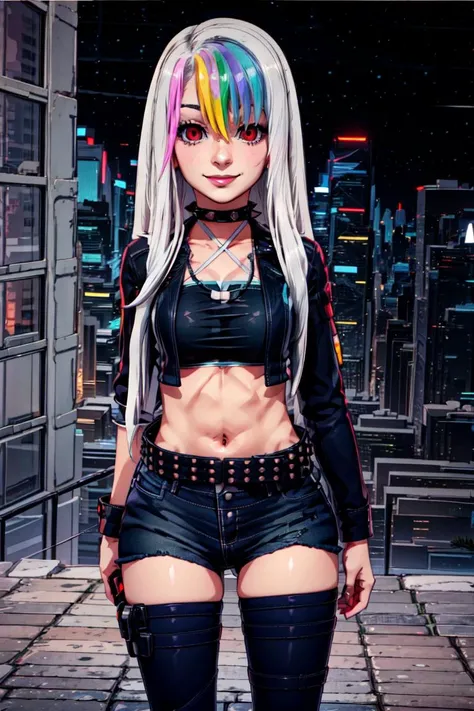 <lora:more_details:0.8> <lora:improve_backgrounds:0.85>  <lora:Roxy_Citron_OC_AnyLora:1> <lora:Cyberpunk_style:0.8> Roxy_Citron_OC,  1girl, solo, red eyes, white hair, rainbow hair, long hair, streaked hair, hair between eyes || open jacket, black jacket, ...