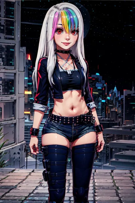 <lora:more_details:0.8> <lora:improve_backgrounds:0.85>  <lora:Roxy_Citron_OC_AnyLora:1> <lora:Cyberpunk_style:0.8> Roxy_Citron_OC,  1girl, solo, red eyes, white hair, rainbow hair, long hair, streaked hair, hair between eyes || open jacket, black jacket, ...