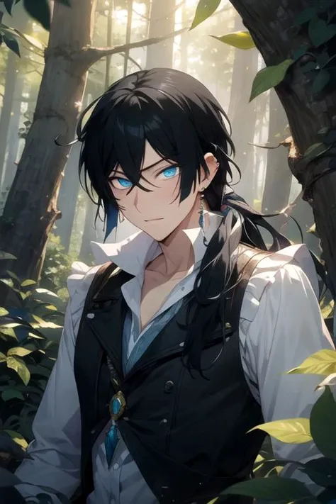 masterpiece, best quality, game cg, 1boy, solo, male focus, looking at viewer, upper body, depth of field, , , <lora:vanitas_no_karte:0.70>, vanitas_no_karte, black hair, blue eyes, long hair, , , An enchanted forest where magical creatures and plants abou...