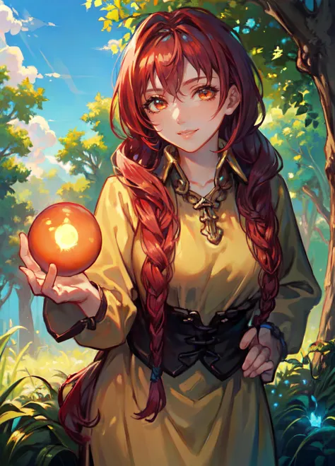 a close up of a person holding an apple in a forest