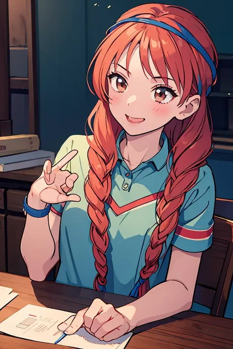 anime girl with long red hair sitting at a table with a book