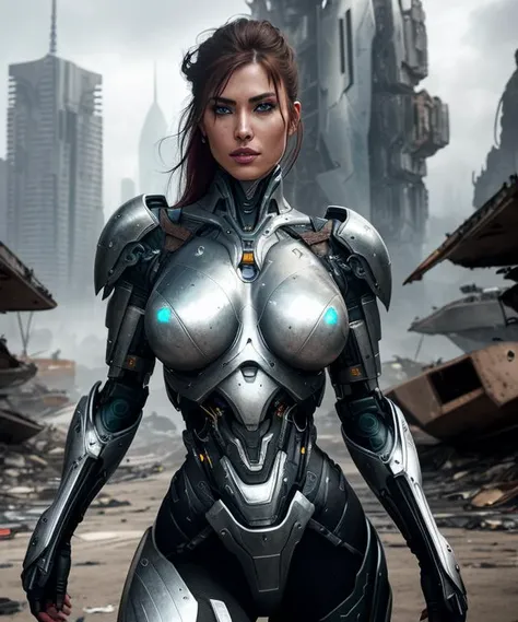 medium shot photo of sexy female cyborg wearing scratched and tarnished futuristic armor in a destroyed futuristic city, fantasy, sci-fi, beautiful feminine face, seductive, sexual, mist, vivid alluring eyes, best quality masterpiece, photorealistic, detai...