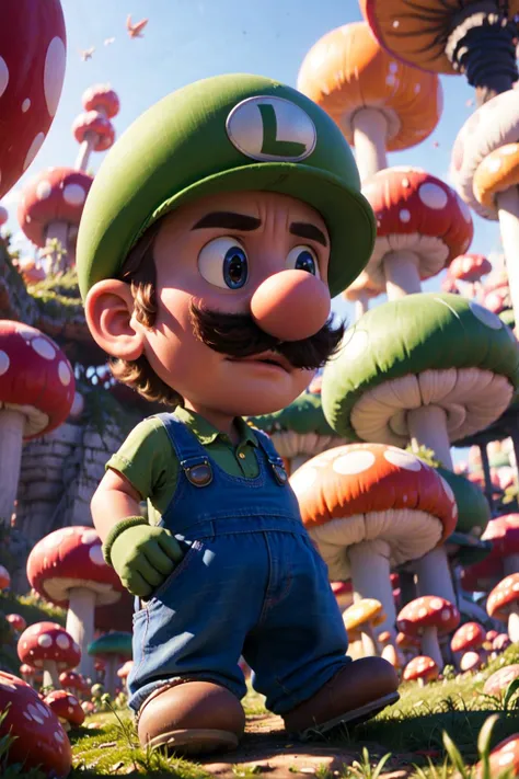 luigi is standing in front of a mushroom field with many mushrooms