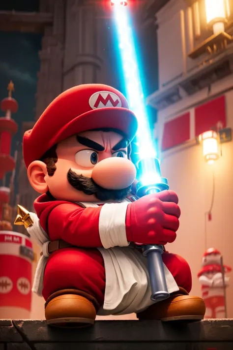 a close up of a nintendo super mario figure holding a light saber