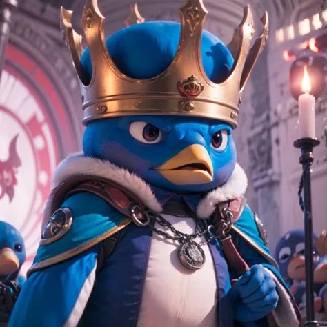 a close up of a blue bird wearing a crown and holding a sword