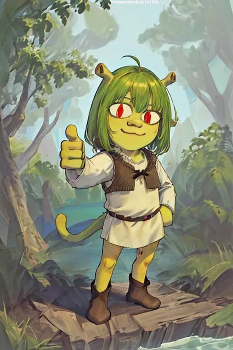 <lora:necoArcCharacters_necoArcv3final:1>masterpiece illustration of shrk as (1girl, full body, :3, shrek ears, chibi, meme, neco-arc,  cat girl, cat tail, solo, slit pupils, brown vest, red eyes, green hair, tan tunic, brown boots, thumbs up, no pants, ) ...