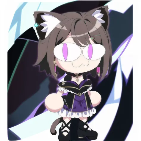 1girl, full body, :3, cat ears, chibi, cat girl, cat tail, solo, slit pupils, (short brown hair), glasses, (purple eyes), earrings, (black frilly dress), white background <lora:necoArcCharacters_necoArcv3final:1>