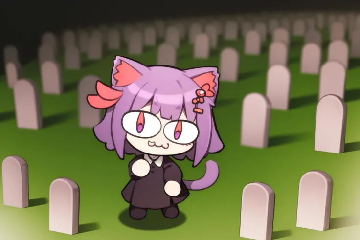 1girl, full body, :3, cat ears, chibi, cat girl, cat tail, solo, slit pupils, sadistic, evil grin, outside, cemetery, salute, 
masunya, cat ears, (purple skin color:1.1),  hair bow, dress, <lora:Masunya_masyunya_civit_V2:1>
neco-arc, necopose, <lora:Neco-A...