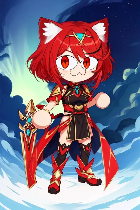 masterpiece, best quality, ultra detailed, illustration,, 1girl, short hair, red hair, red eyes, hair accessories, pyra (xenoblade), <lora:pyraMythraPneuma_50Epochs:0.5>, neco-arc, 1girl, full body, :3, cat ears, chibi, cat girl, cat tail, solo, slit pupil...