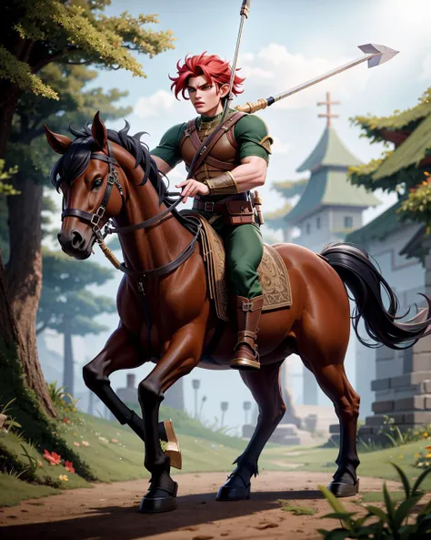 ((masterpiece), best quality, high quality, professional quality, highly detailed, highres, perfect lighting, natural lighting), male centaur, charging, bow and arrow drawn, in battle against goblins