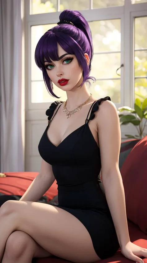 (highly detailed:1.3), masterpiece, best quality, extreme detail,  highly detailed, 3d, Anime style, detailed, 8k, unreal, professional lighting,
 <lora:Jessica_Dupont:1>  high ponytail, black and violet hair, green eyes, alluring pose, pouty, thin necklac...