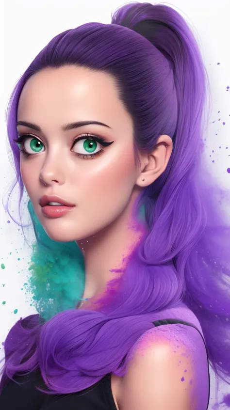 <lora:Jessica_Dupont:1>  high ponytail, black and violet hair, green eyes, violet powder splashes on background, high quality photography,  <lora:powder_v1.0:1>