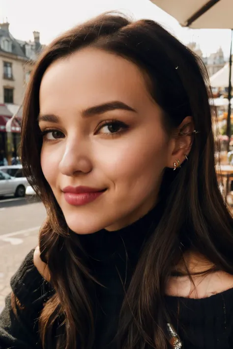 dcm piercing eyes, looking straight, very happy,long hair, wearing an off-shoulder sweater, choker, closeup portrait, in a outdoor cafe in 2015, afternoon light <lora:DoveCameron-RealVision-V1.0:1>