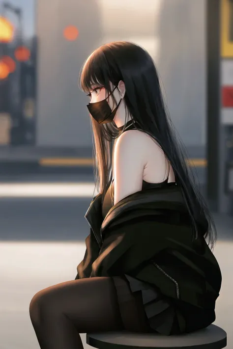 1girl, bangs, bare shoulders, black hair, black jacket, black pantyhose, black shirt, closed mouth, depth of field, from side, jacket, kyrie-style, long hair, mask, mouth mask, off shoulder, open clothes, open jacket, pantyhose, profile, shirt, sitting, sl...