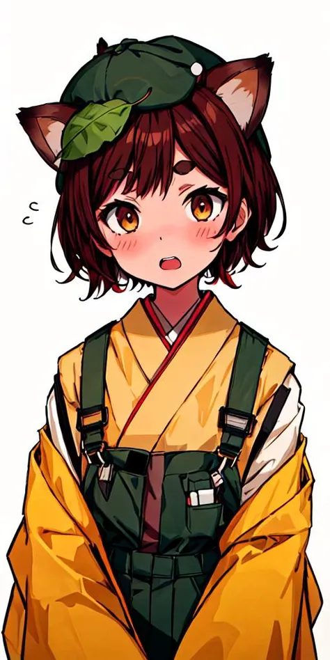 hananoki maru,<lyco:hananoki maru5:0.8>,1girl, animal ears, solo, japanese clothes, kimono, thick eyebrows, brown hair, brown eyes, clenched hands, hat, shirt, short hair, virtual youtuber, blush, yellow kimono, wide sleeves, white background, flying sweat...