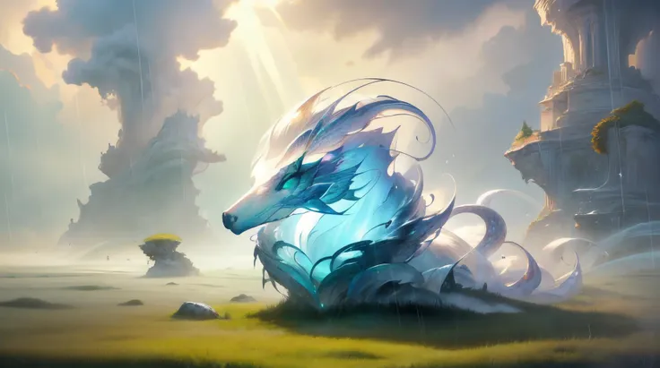 a close up of a dragon laying on a field with a sky background