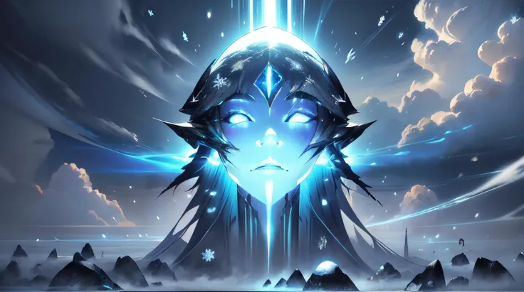 a woman with a glowing face stands in front of a mountain