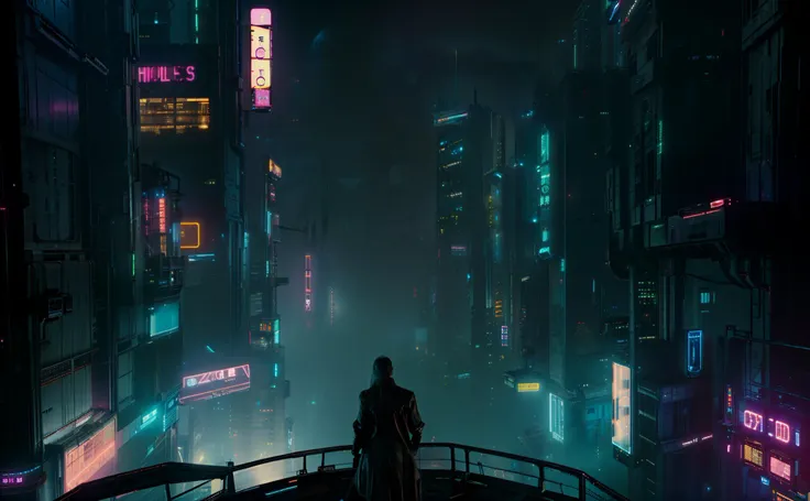 a man standing on a ledge looking at a city at night