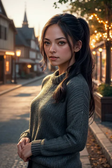 perfect cinematic shoot of a beautiful woman (EPKr1st1nKr3uk-420:.99), a woman standing at a Quaint village square, perfect high ponytail, wearing sexy orange (sweater), (shooting star cascade in background:1.2), (detailed background:1.1), (face focus), mo...