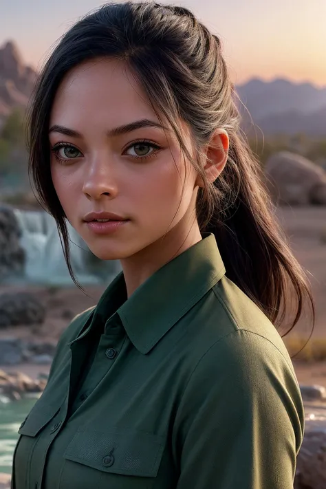 perfect cinematic shoot of a beautiful woman (EPKr1st1nKr3uk-420:.99), a woman standing at a Desert oasis, perfect high ponytail, wearing sexy green (shirt), (geyser eruption in background:1.2), (detailed background:1.1), (face focus), modelshoot style, (e...