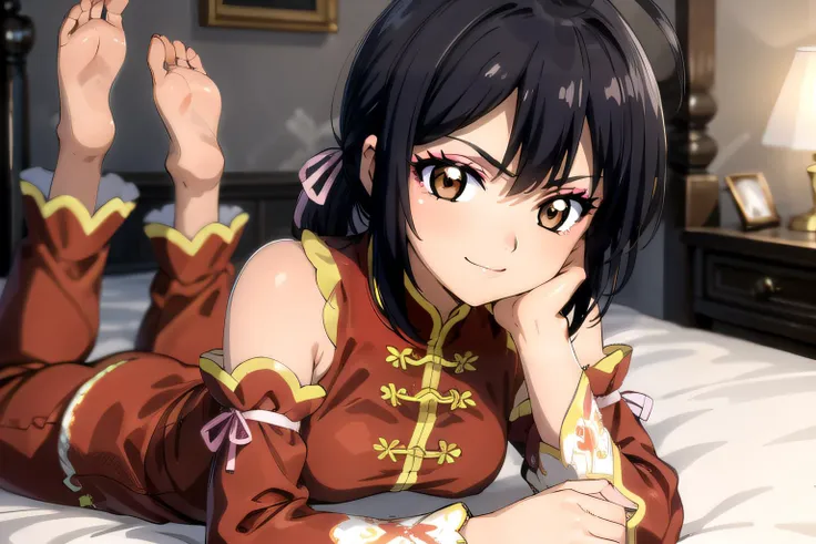 anime girl laying on bed with her hand on her chin