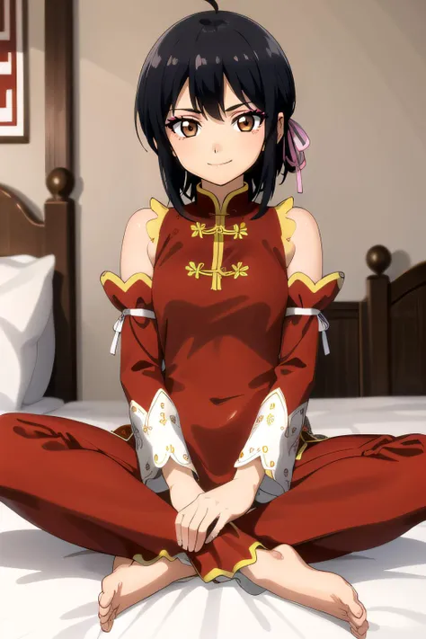 anime girl sitting on a bed with her legs crossed