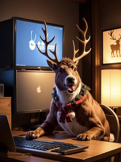 (masterpiece, high quality) a (raging:1.3) (upset:1.5) (reindeer:1.3) breaking keyboard because the reindeer is  upset at a video game shown on the reindeers monitor, no humans,