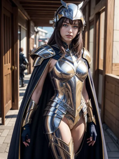 1girl, (armor, cape), (futuristic cyberpunk helmet over face, futuristic combat armor), (realistic painting by John William Waterhouse and kyoto animation and Frank Frazetta)