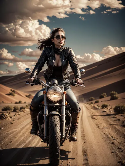 (masterpiece:1.2, best quality), female biker gang. armed and dangerous. mad max fashion style. desert apocalypse background, cinematic lighting.