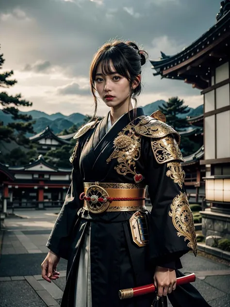 Japanese female samurai in filigree samurai armor, Japanese luxury castle background, action pose, cinematic lighting, 4k, vantablack  <lora:japanesedolllikenessV1_v15:0.8>