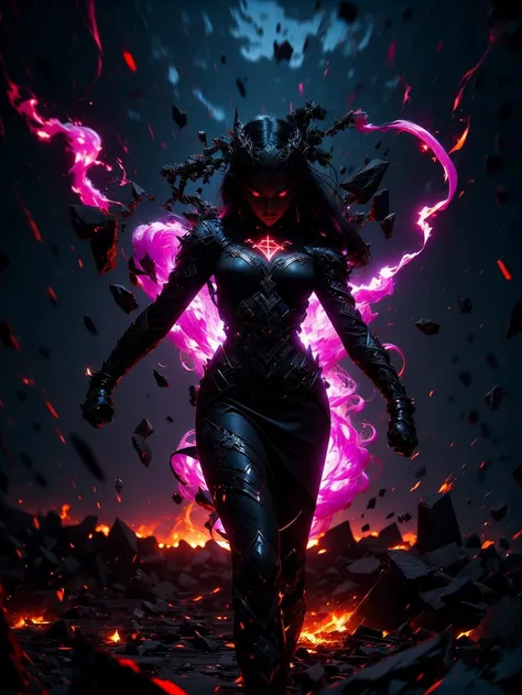 a woman in a black outfit with pink flames and a black background