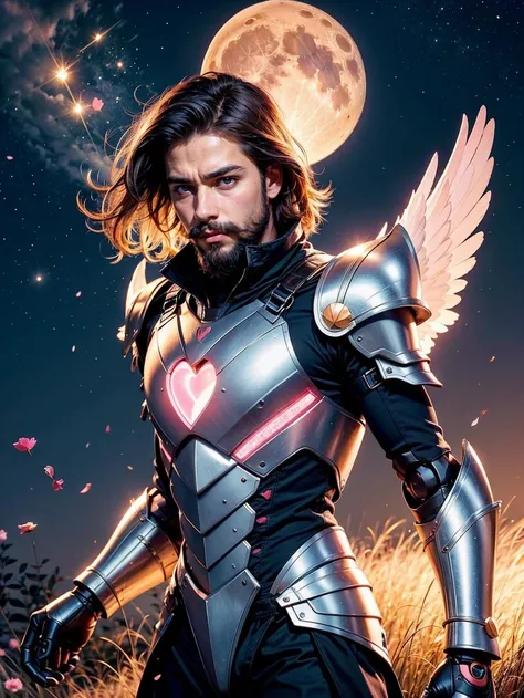 1boy, angel, angel wings, pink and white armor, hearts on armor, detailed robot armor, wires, many armor sections, beard, blowing kiss, constellation, earth (planet), embers, facial hair, feathered wings, full moon, galaxy, glowing heart on chest, robotic ...