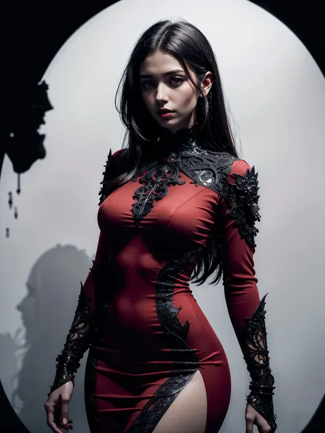 professional photograph of a mysterious and otherworldly monstrous dragon and an extremely beautiful woman wearing an elegant tight high neck long sleeve dress by Yoji Shinkawa and Amy Judd and Edward Weston , bold lines, hyper detailed, dark limited palet...