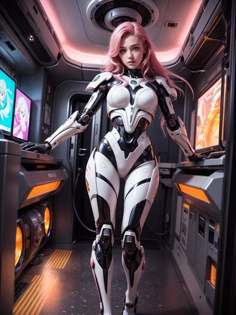 ((Masterpiece, best quality)), (8k, RAW photo, best quality, masterpiece:1.2), (realistic, photo-realistic:1.37), ultra high res, ultra-detailed ,full body, ((full-body shot)), woman, (((cyberpunk spaceship spacecraft interior))), reclining seductively, be...