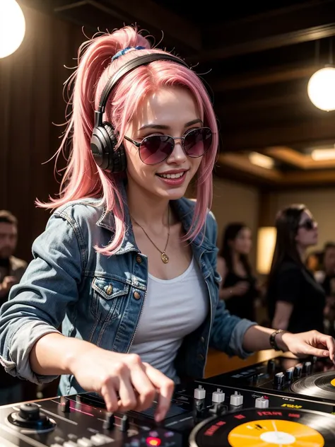 Sawsane from Lebanon, (short-cut:1.2) [undercut|punk] [blue-black:.3] hair, (masterpiece, best quality),beautiful (smiling:1) woman DJ with (pink hair:1. 1) wearing (headphones:1. 1) and sunglasses and a leather jacket, deejaying with turntables while danc...