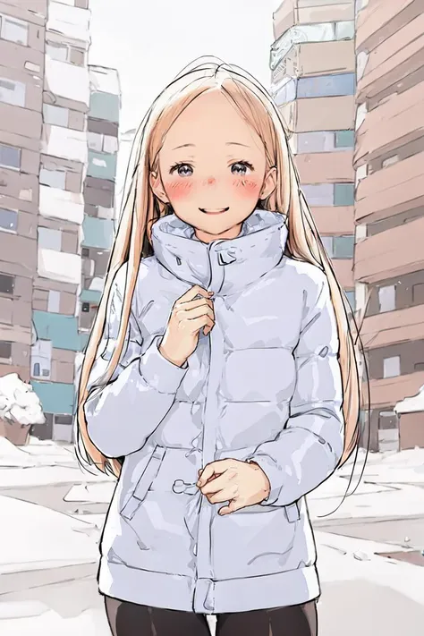 anime girl in a winter coat standing in a snowy city