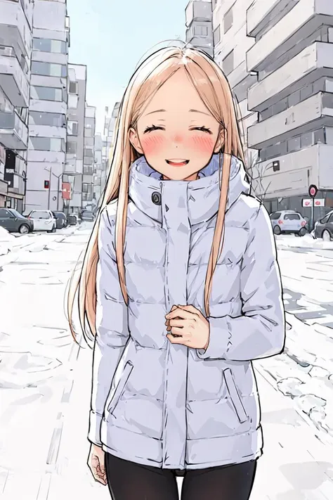 anime girl in a winter coat standing in a snowy city