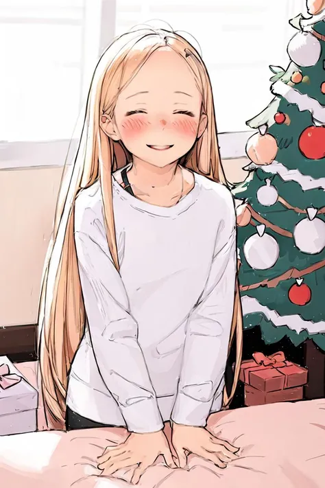 girl,blush,at home,closed eyes,smile,christmass tree,long hair,blond hair,luimi,<lora:luimi:1>