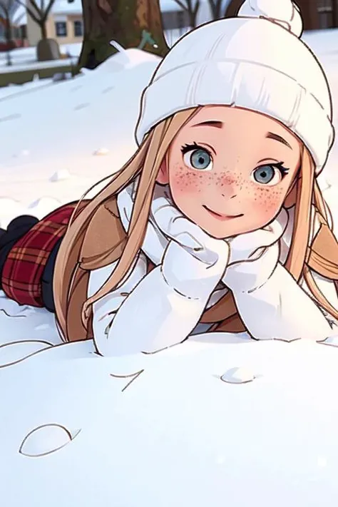 luimi, hazel eyes, long blonde hair, beanie, freckles, winter wonderlands, snowing, mittens, scarf, all white cloths, laying in the snow, snow angel, <lora:luimi-512:0.75>