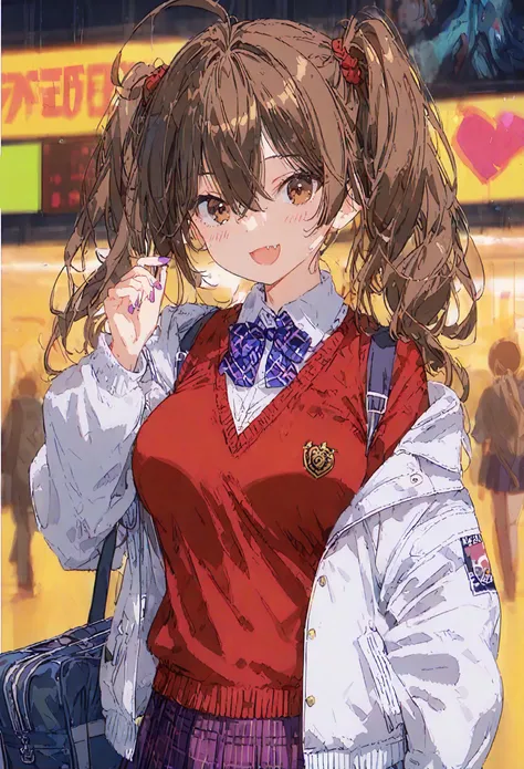 anime girl with ponytail hair and red shirt holding a purse